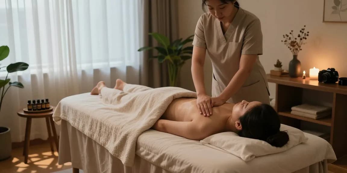Relaxing 강동구출장마사지 session in a serene wellness studio with soothing decor and essential oils.