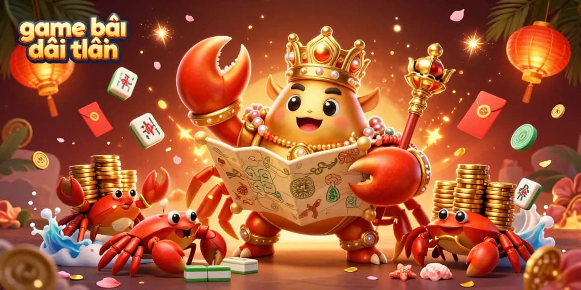 Engage in thrilling game bài đổi thưởng with an extravagant scene featuring a golden crab emperor and vibrant casino elements.