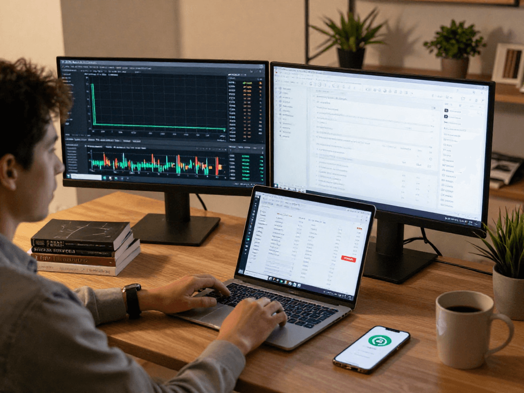 MetaTrader 5 官网交易者在多屏办公环境中使用数字钱包和区块链交易工具。