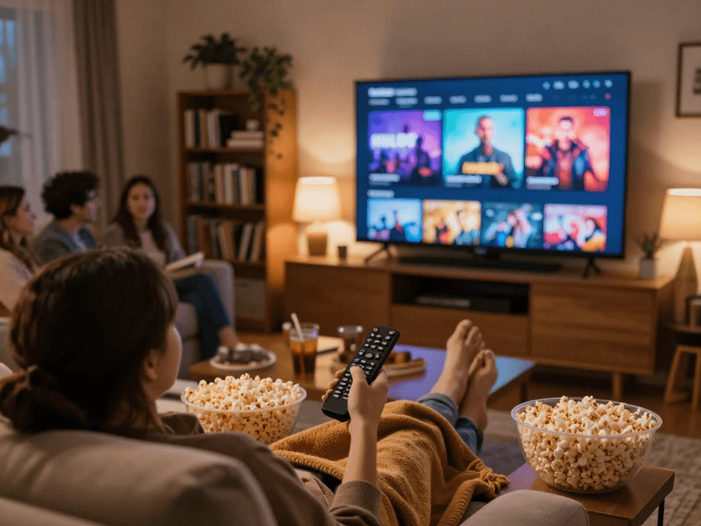 Cozy Moviebox streaming scene with a person enjoying movies in a warm living room.
