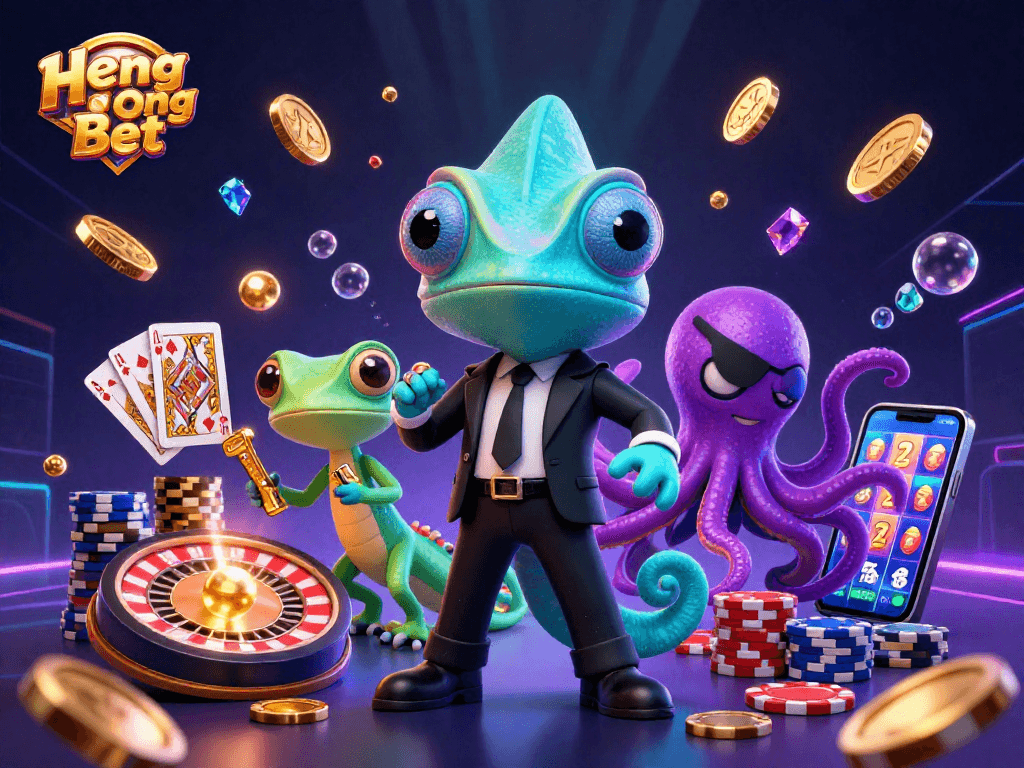 Experience the thrill of Heng Ong Bet with a vibrant casino scene featuring dynamic characters and exciting game elements.