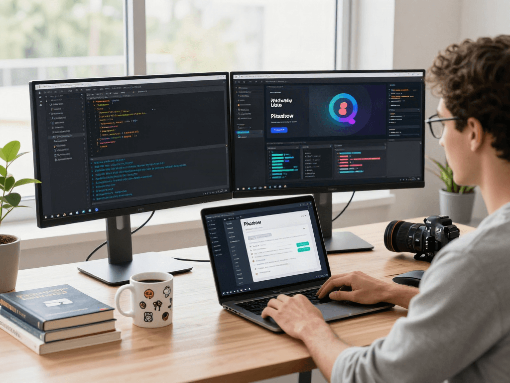 Pikashow software developer creating streaming app designs in a modern office.