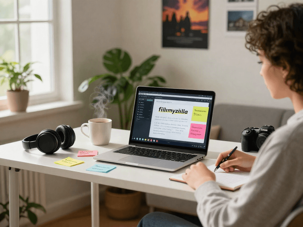 Home office scene with creative professional exploring filmyzilla, laptop open displaying films and notes for content creation.