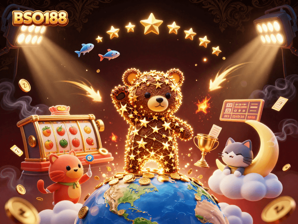 Experience the excitement of BSO188 with a vibrant 3D illustration featuring gaming elements and starry characters.