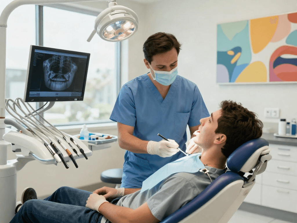 Wisdom teeth removal Newport Beach scene with a dentist and patient in a modern clinic, bright and welcoming atmosphere.