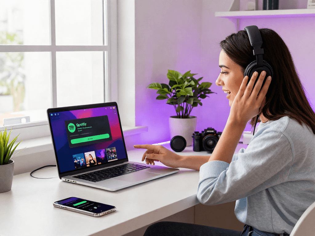 Engaged user applying spotify mod on sleek laptop in modern home office.