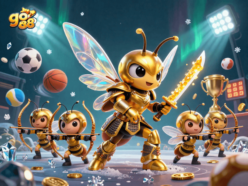 Engage with go 88's vibrant gaming experience featuring dynamic sports elements and a striking 3D illustration.