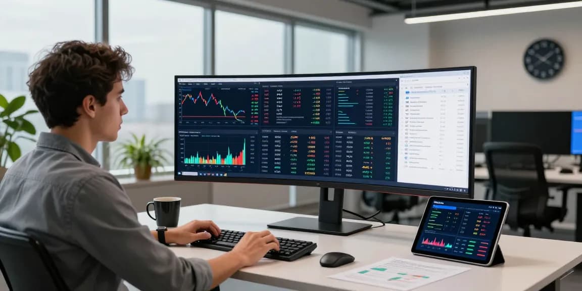 Dynamic workspace showcasing forex real-time quote API analysis with developer, monitors, and data reports.
