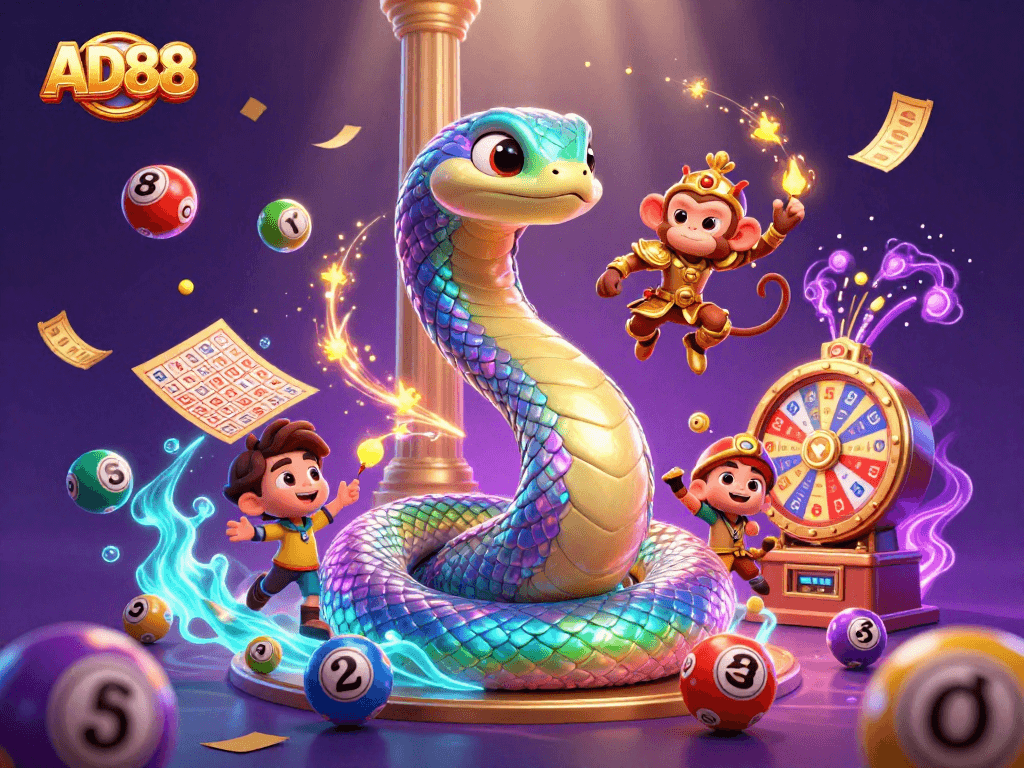 Experience thrilling victories at AD88 with a vibrant 3D carnival-inspired scene of playful gaming elements.