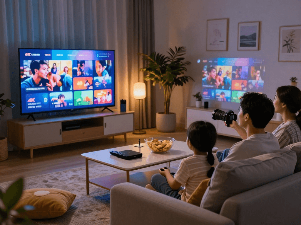 Kijk naar iptv 4k met het gezin in een gezellige woonkamer.