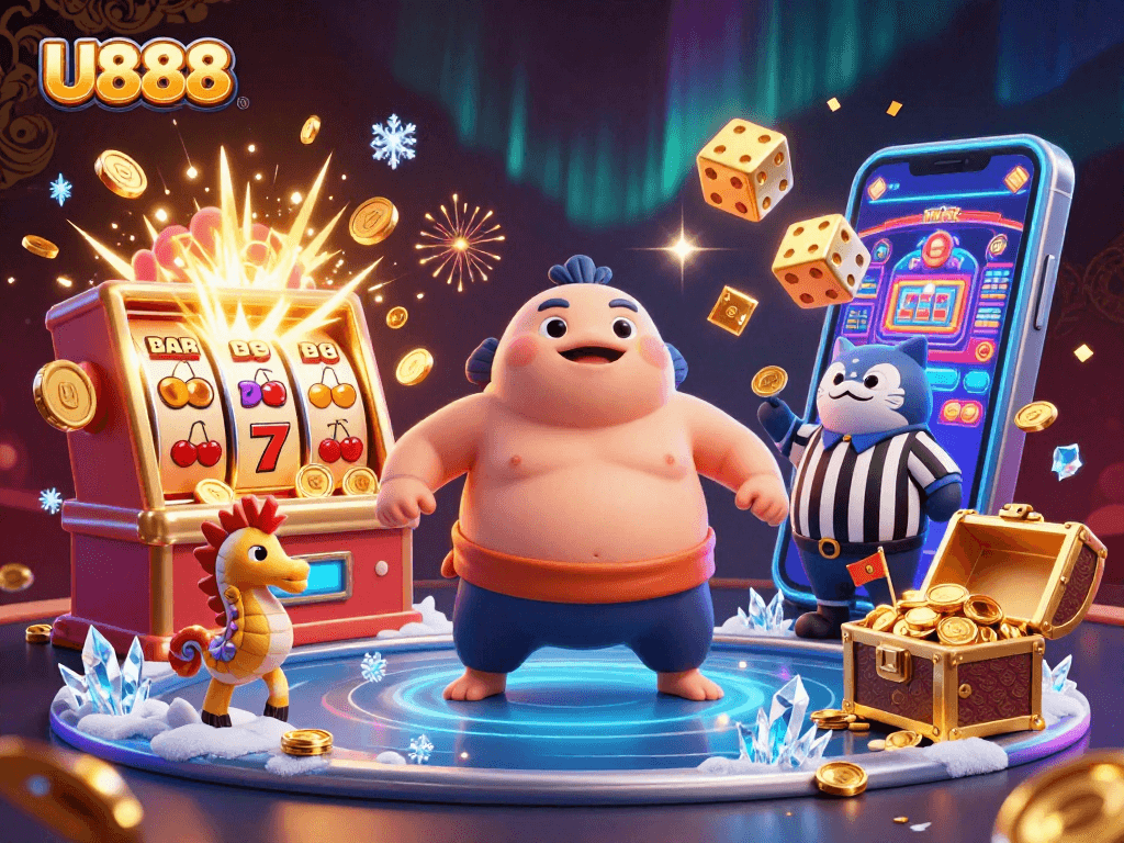 U888 brings excitement with a fugu sumo wrestling scene surrounded by vibrant casino elements.