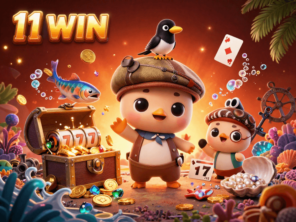 Win big with 11 WIN at this ultra-detailed casino-themed illustration featuring treasure and games.