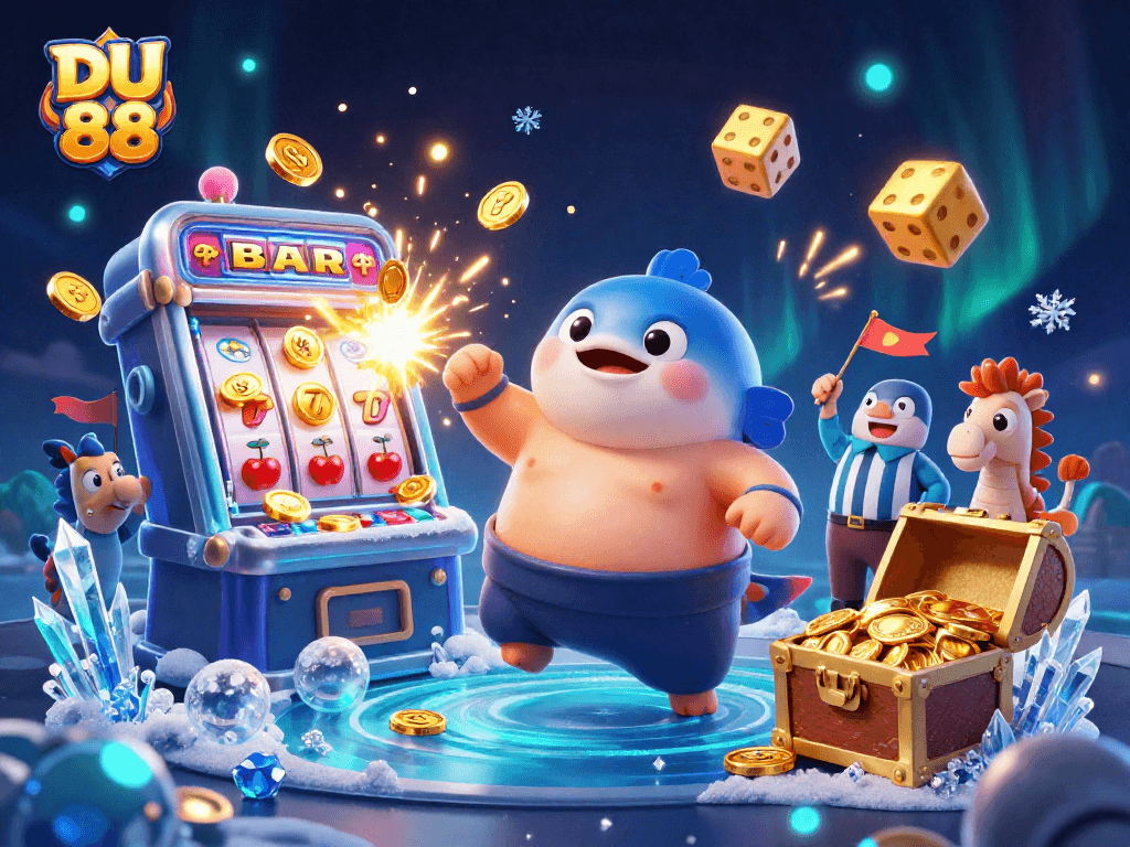 Engage with DU 88 at a lively underwater casino spectacle featuring a giant fugu and exciting gaming elements.