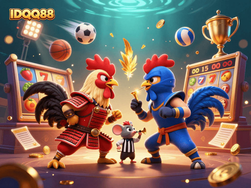 IDQQ88 showcases an action-packed 3D illustration of fighting roosters amid dynamic casino elements.