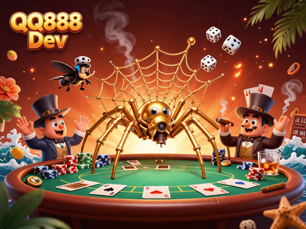 Engage with QQ888 Dev in an exciting 3D casino scene filled with golden spider and poker elements.