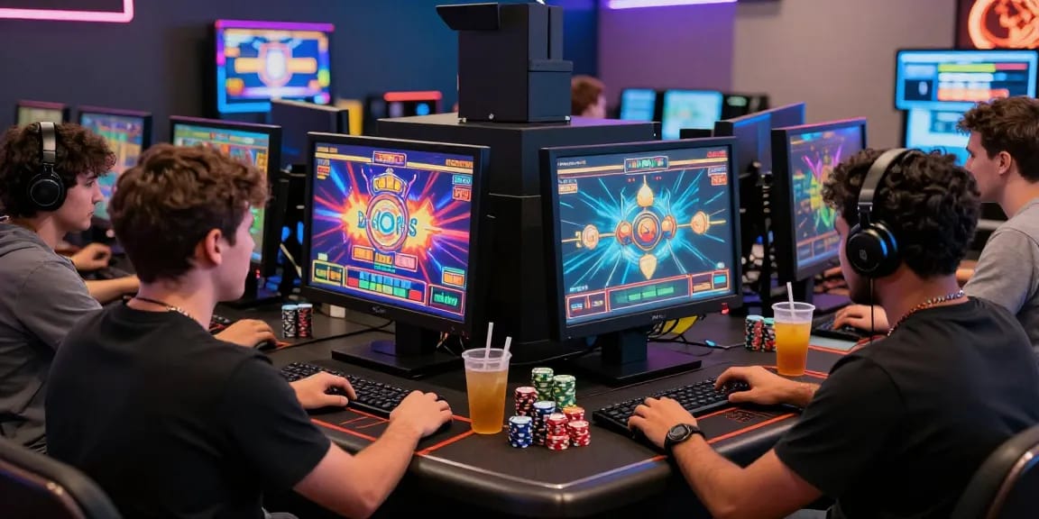 Engaged players at MPOCASH, an online gambling platform, enjoying digital slots and gaming excitement.