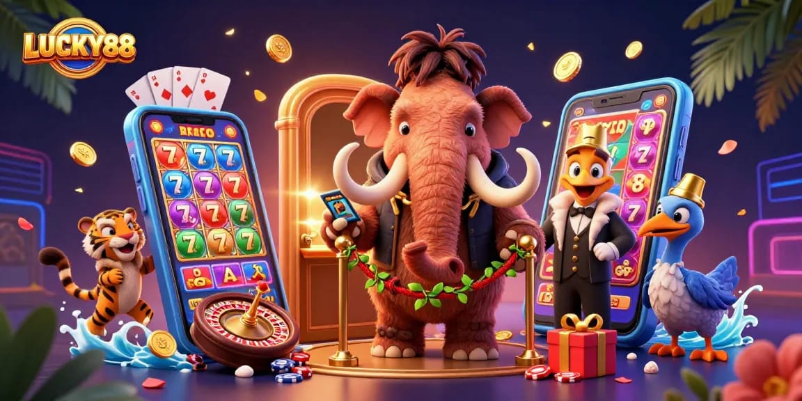 LUCKY88 showcases a vibrant 3D casino scene featuring a woolly mammoth bouncer and VIP saber-tooth tiger.