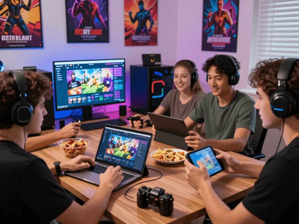 Players enjoying popular porn games on various devices in a vibrant gaming space.