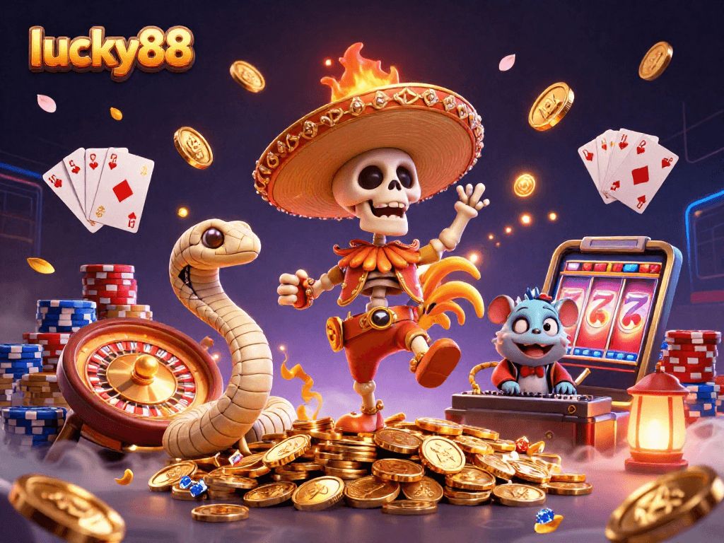 Experience lucky88 excitement as the lively character scene showcases a vibrant casino atmosphere.