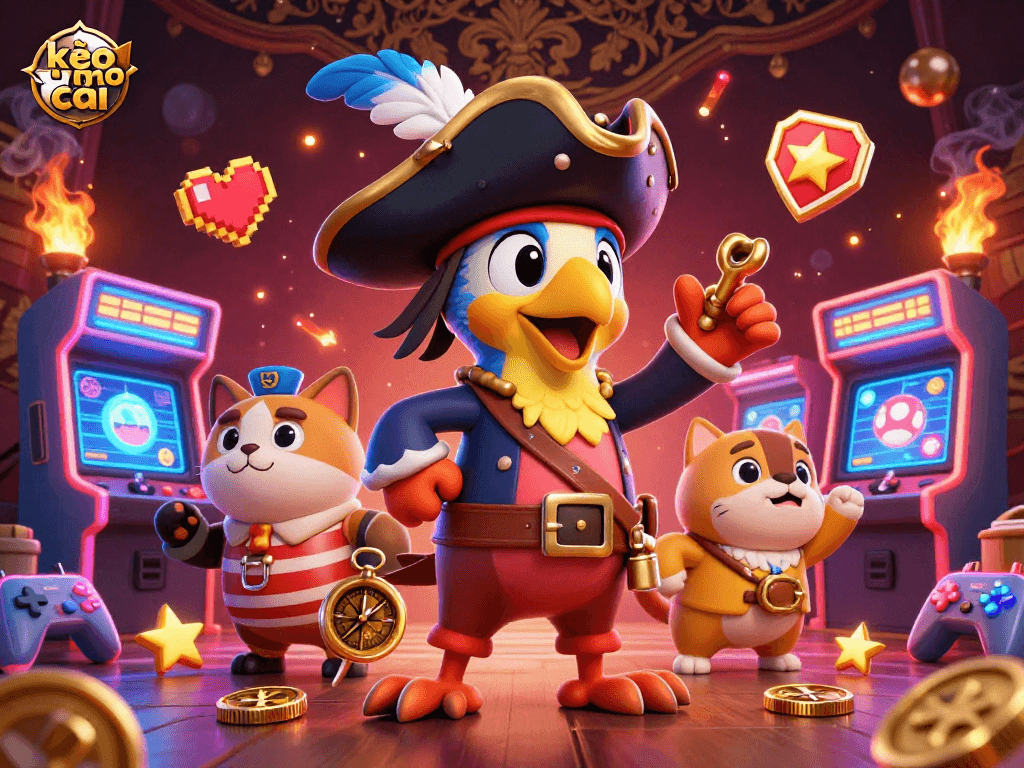 Play kèo nhà cái in a vibrant 3D gaming scene with pirate captain, bulldog, and cat amid glowing decorations.