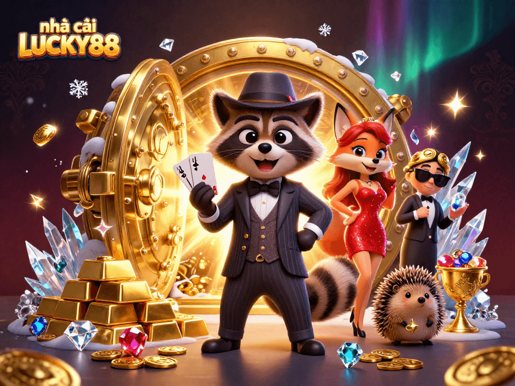 Experience the excitement at nhà cái LUCKY88 with vibrant 3D casino characters and treasures.