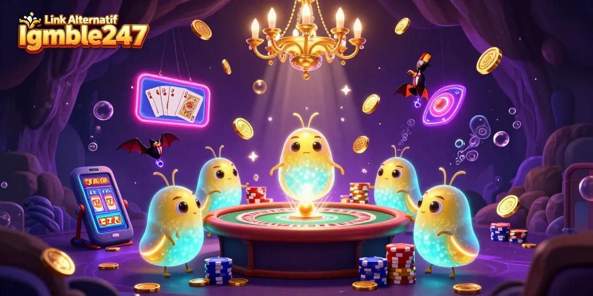 Link Alternatif Igamble247 showcases vibrant gameplay with glowing characters lighting up a casino.