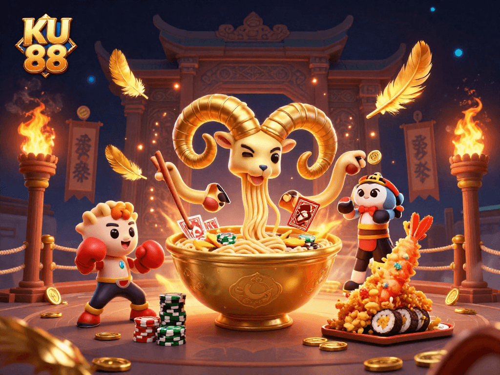 Experience excitement with KU 88's vibrant 3D casino illustration featuring animated characters and elements.