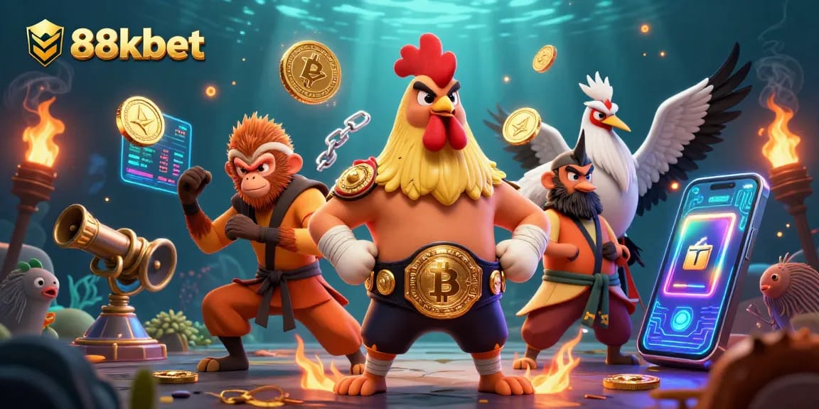 Engage with the thrilling world of 88kbet in this dynamic casino illustration showcasing vibrant characters and digital assets.