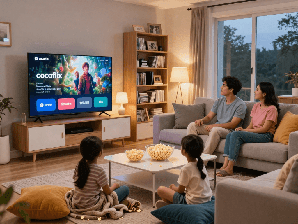Cocoflix family movie night in cozy living room with popcorn and smart TV