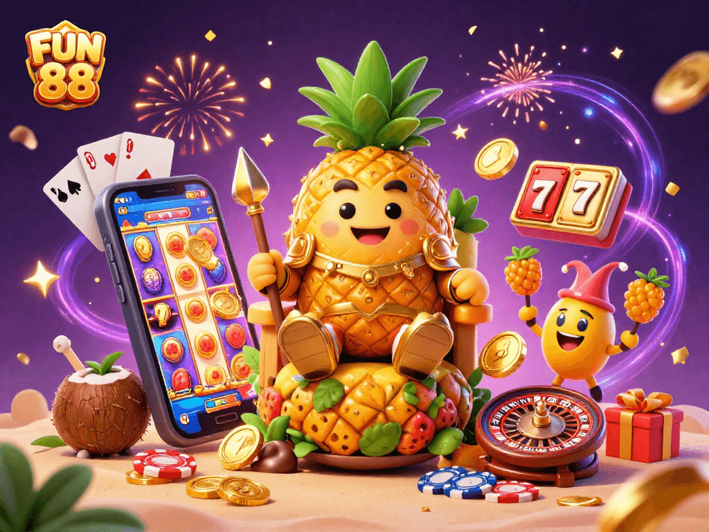 Engage with FUN 88 in an ultra-detailed 3D casino scene showcasing jackpot slot reels and vibrant characters.