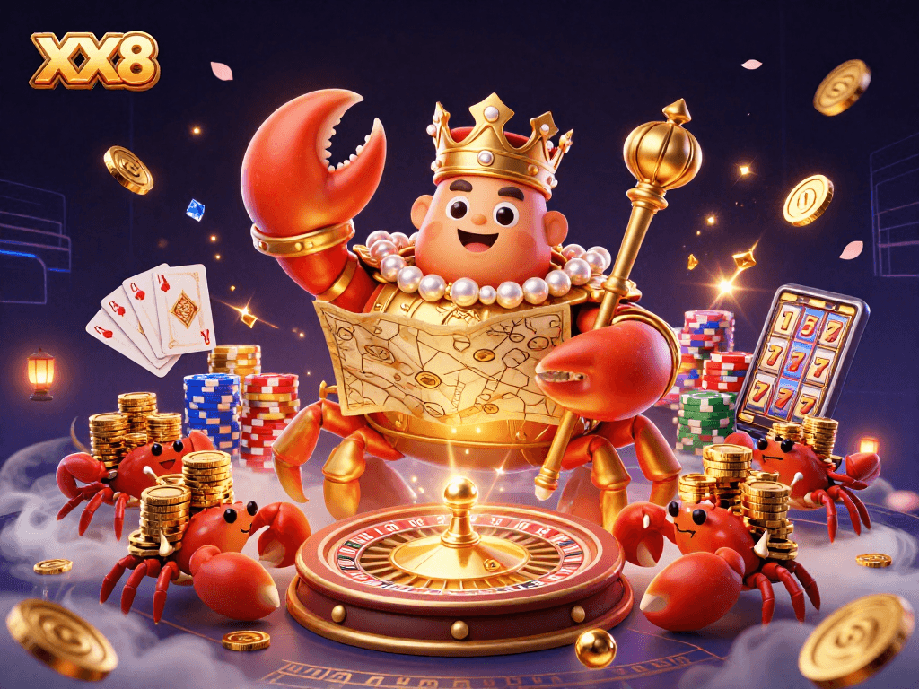 Experience the thrill of gambling with XX8, featuring a lavish golden crab emperor surrounded by casino treasures.
