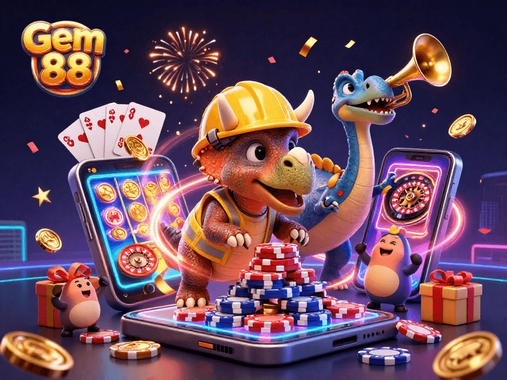 Gem 88 inspired scene of a triceratops building poker chips with vibrant casino elements