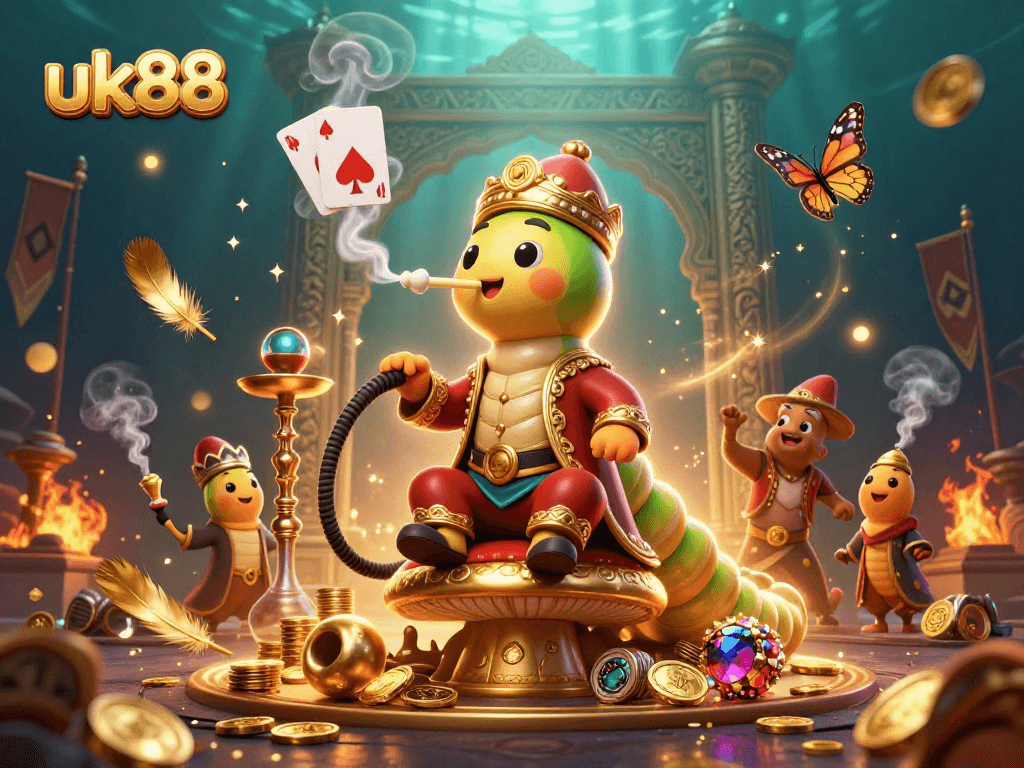 uk88 enhances gaming experience with vibrant 3D illustration of unique casino characters and elements.