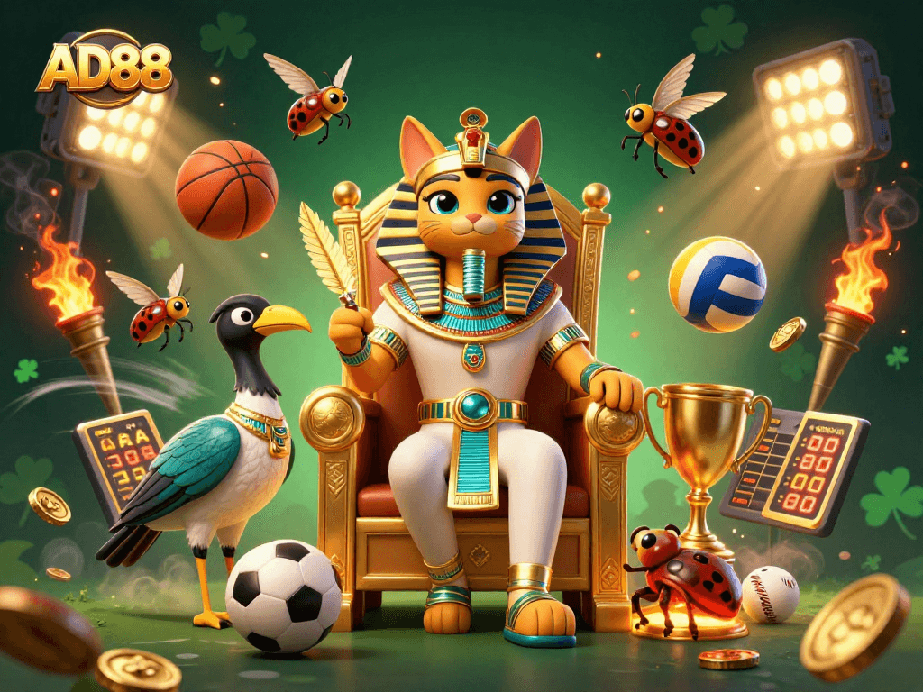 AD88 engages players with a vibrant 3D pharaoh cat illustration surrounded by dynamic sports elements.