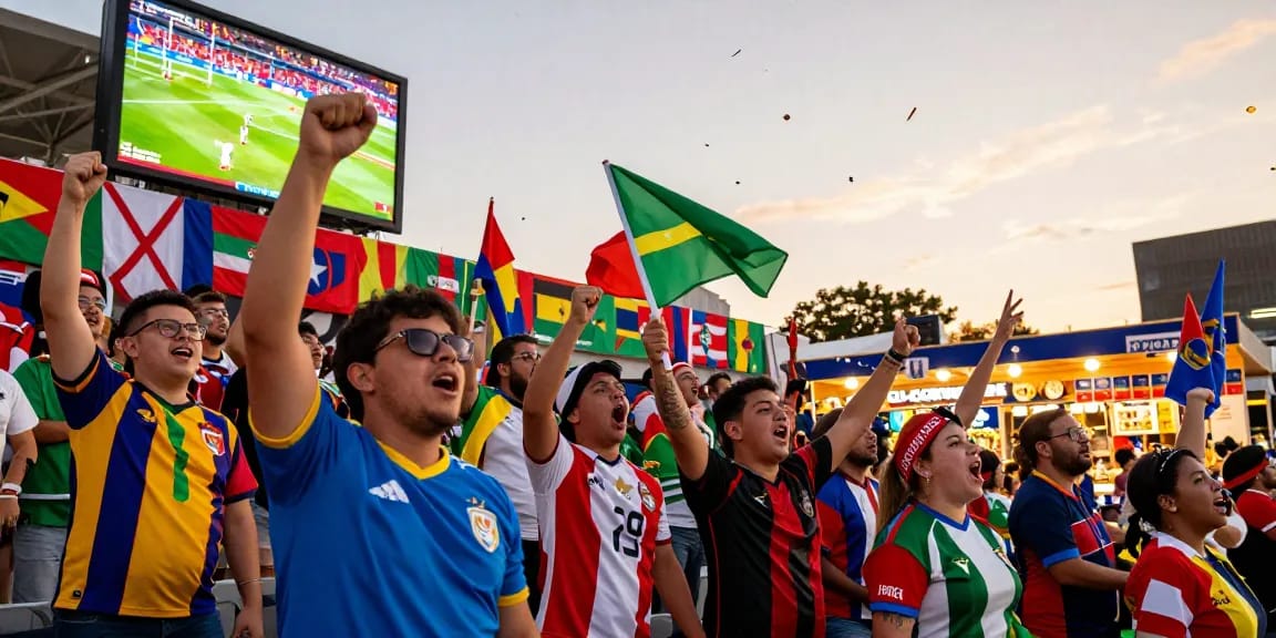 ภาพแฟนบอลที่กำลังเชียร์ในสนามฟุตบอลโลก 2026 ขณะเดิมพันบอลโลกรอบชิง