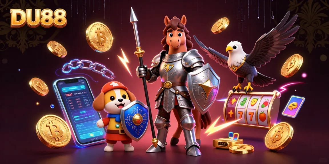 Engage with DU88 as a knight and squire explore vibrant casino adventures with crypto themes.