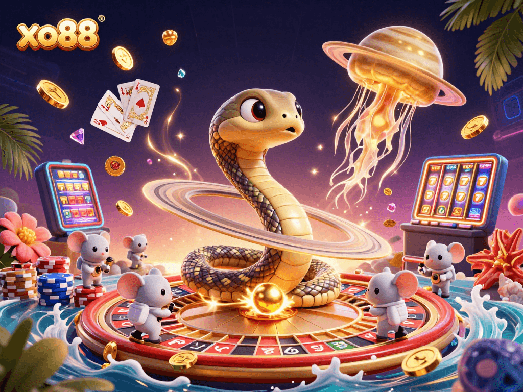 Experience winning strategies at xo88 with a vibrant cosmic casino scene featuring roulette and colorful gameplay elements.