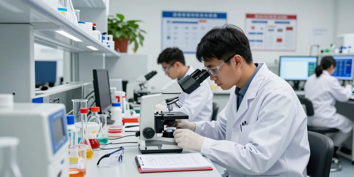 Researcher at Summit Research Supply analyzing samples in a lab environment with modern equipment and safety measures