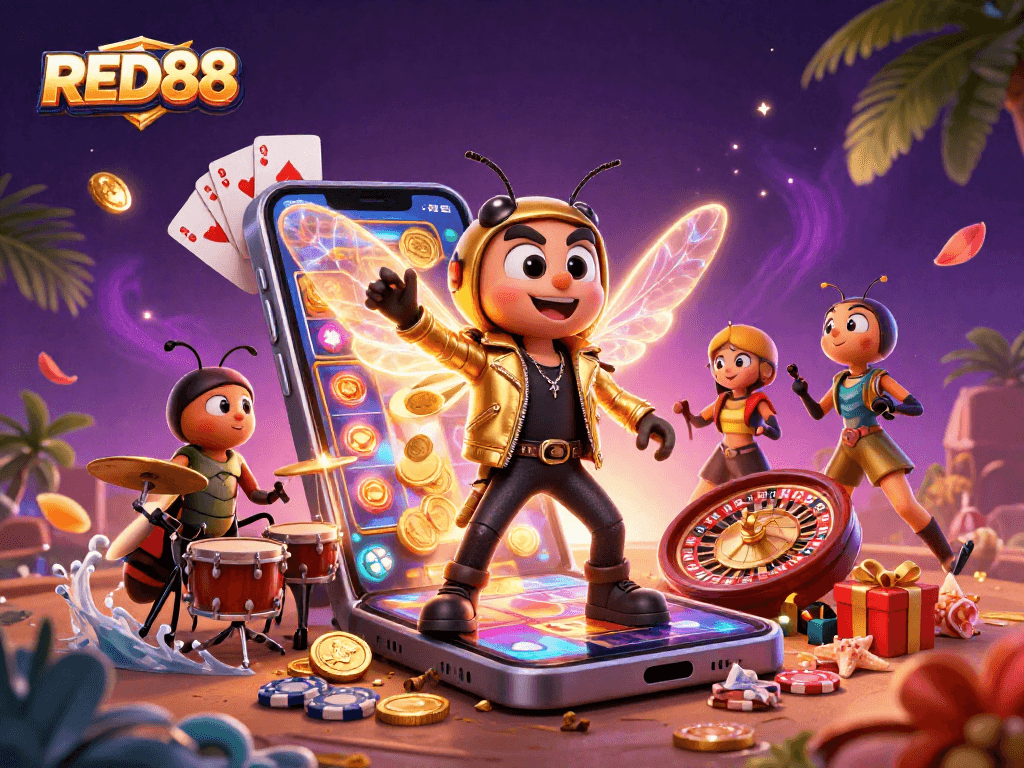 Engage with the vibrant RED88 casino experience featuring animated characters and dynamic gaming elements.