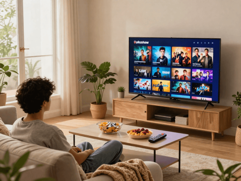 Pikashow streaming experience in a cozy living room with engaging content on a flat-screen TV and inviting atmosphere.