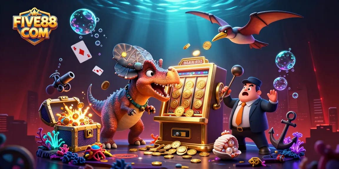 Experience the excitement of FIVE88 COM as dinosaurs engage at the casino with slots and gold coins!