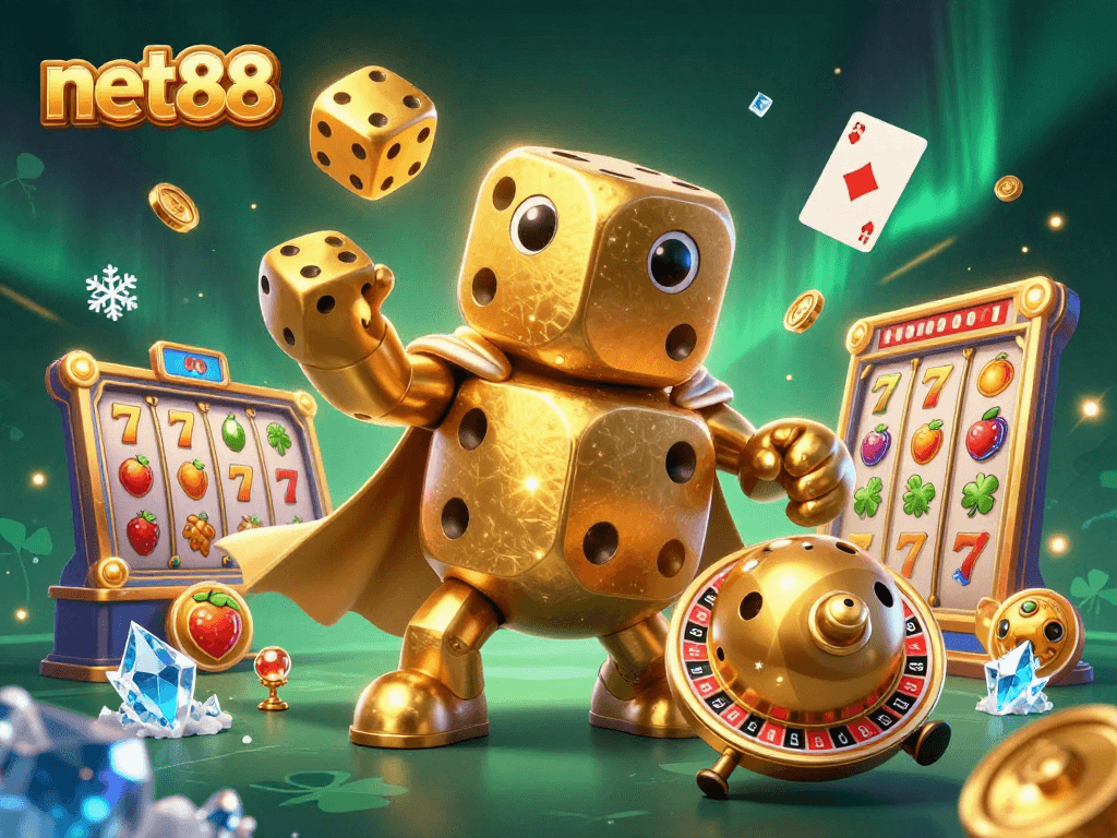 Join the excitement at net88 with a vibrant 3D illustration showcasing dynamic slots and casino elements.