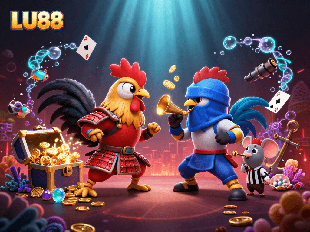Betting excitement with LU88's epic standoff of cartoon roosters in a vibrant casino illustration.