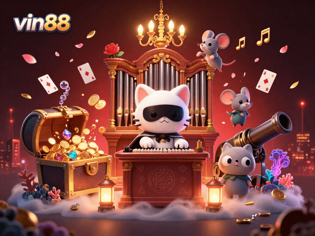 Join the excitement at vin88 with a vibrant 3D casino scene filled with gold coins, colorful gems, and playful characters.