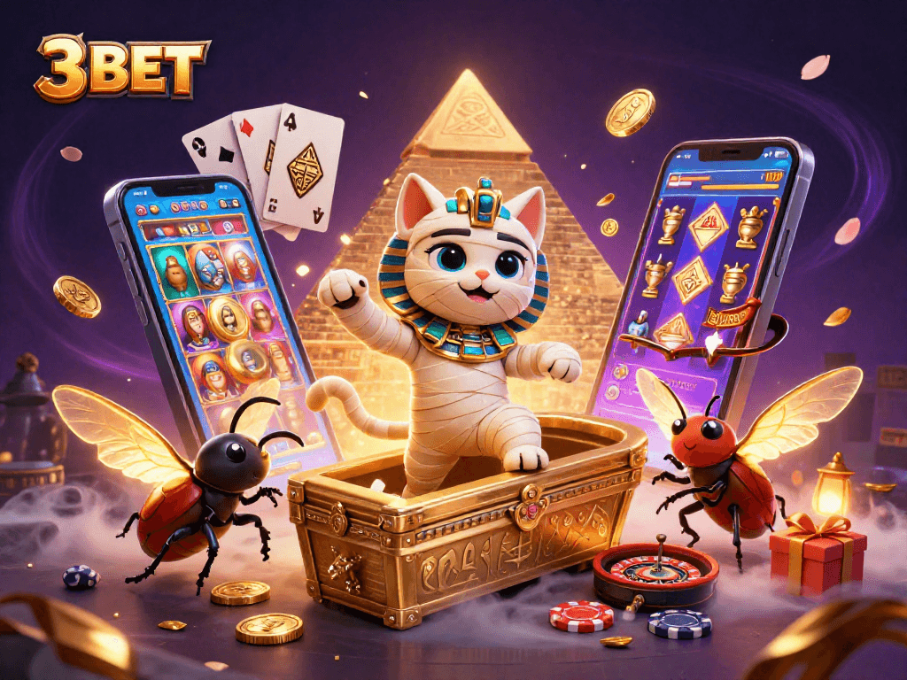 3 BET features a dynamic mummy cat scene with glowing scarab and casino elements