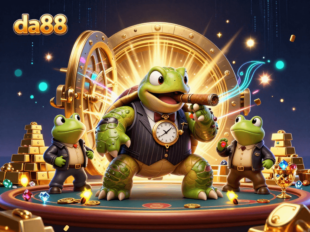 da88 casino illustration featuring a whimsical turtle in a mobster suit with bullfrogs, surrounded by treasure and lights