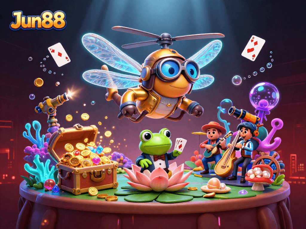 Experience thrilling action at Jun88 casino with vibrant dragonfly pilot and frog croupier.