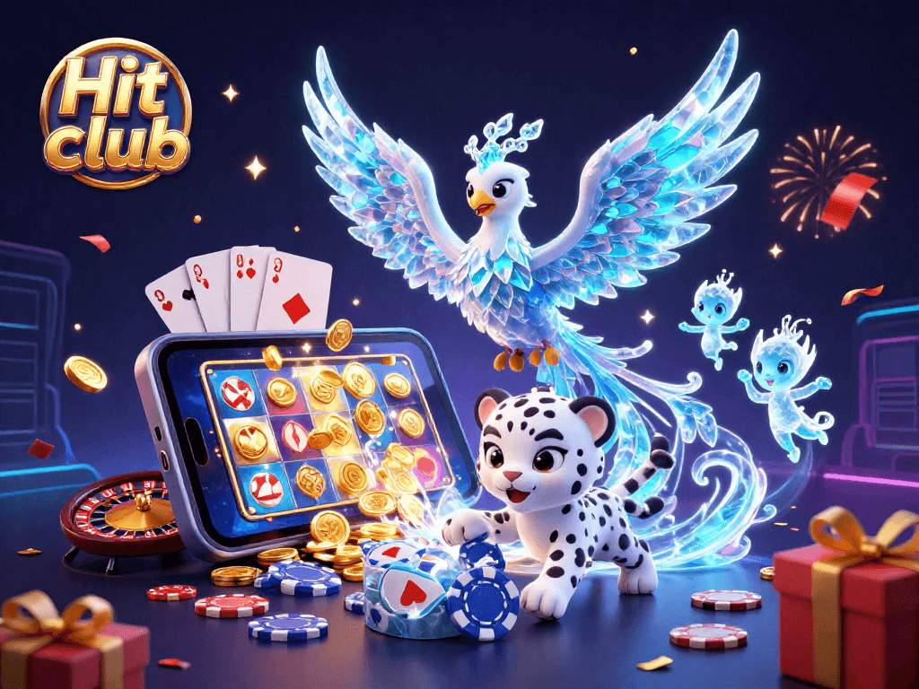 Join the Hit club experience with an enchanting ice phoenix and vibrant casino elements, celebrating gaming.
