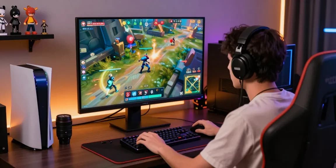 Exciting gaming scene with a focused player enjoying lucky77 on a vibrant screen, surrounded by gaming accessories and ambient lighting.