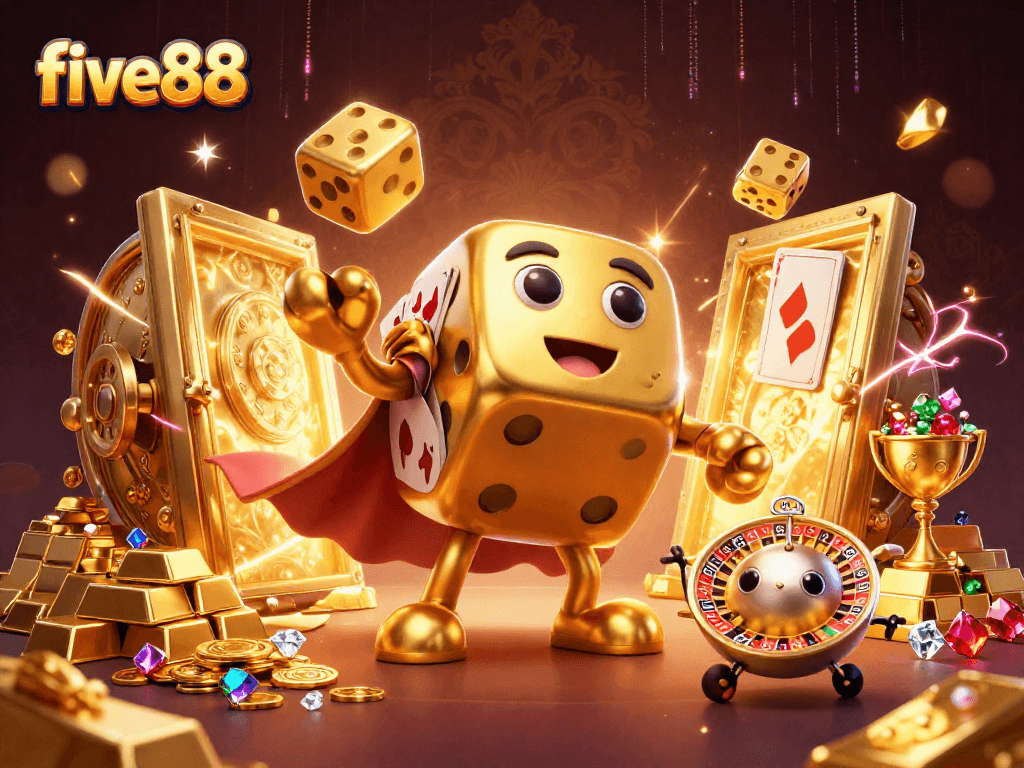 Experience the excitement of five88 with a playful golden dice golem and dazzling treasures!